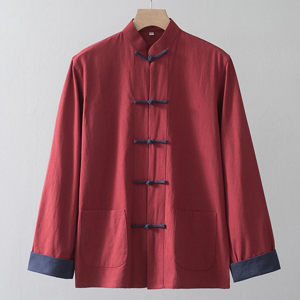 Retro Chinese Style Hanfu Jacket Mens Traditional Tang Suit Cotton And Linen Stand-Up Collar Contrast Color Long-Sleeved Jacket