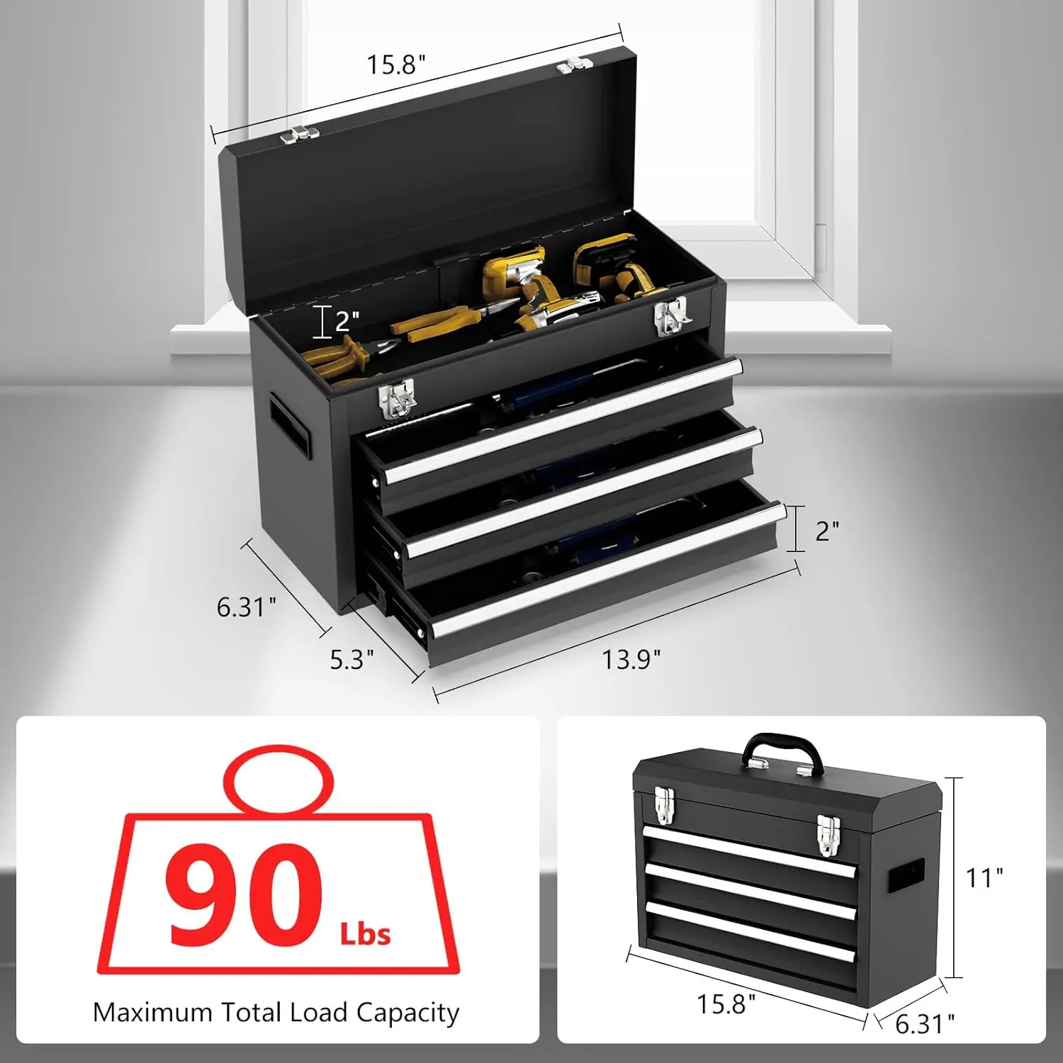 3-Drawer Heavy Duty Steel Tool Box with Ball Bearing Slides and Locking Mechanism, Portable Black Tool Chest