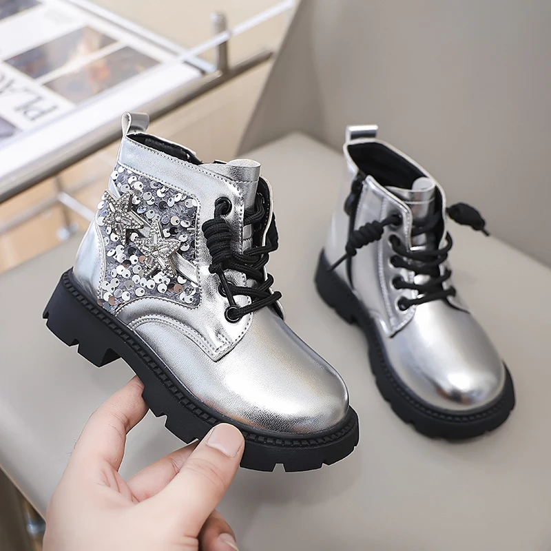 Baby Sweet Girls Sequin Round Toe Elegant Solid Color ZIP Banquet Spring Cute Catwalk Boots Tall Square Heels Kids Spoft Shoes