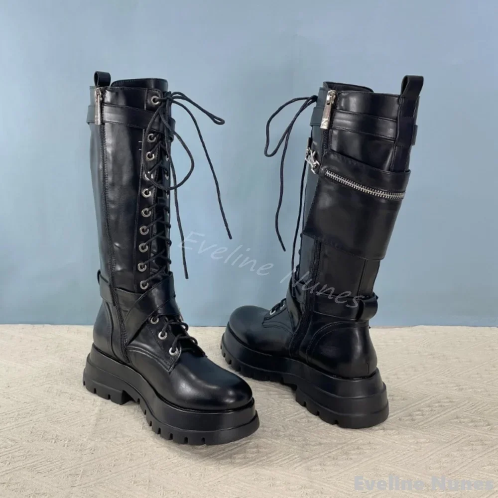 

Punk Knight Boots Women Cross Tied Belt Buckle Round Toe Chunky Heel Side Zipper Knee High Boots New Hotties Black Leather Boots