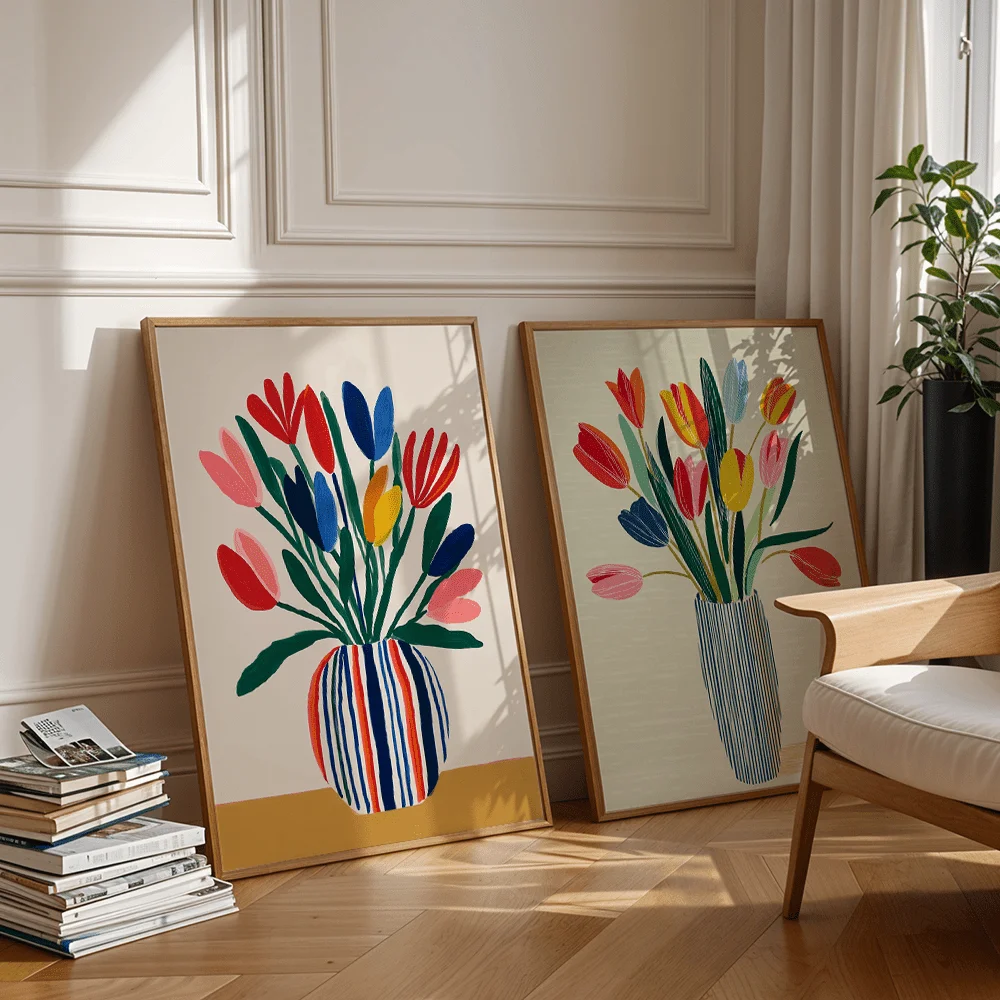 2pcs frameless Canvas Painting This Retro Poster Two-piece Set with A Bold Botanical Print Tulip Canvas Is An Ideal Choice for L