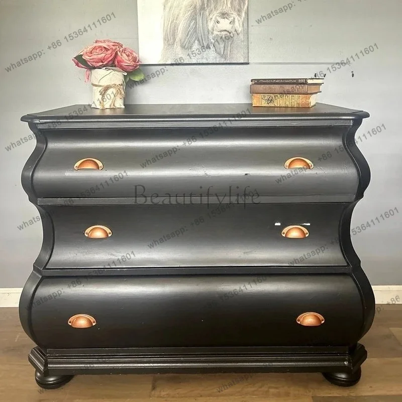 American country solid wood retro bedroom three-bucket cabinet, French black villa living room storage cabinet simple locker