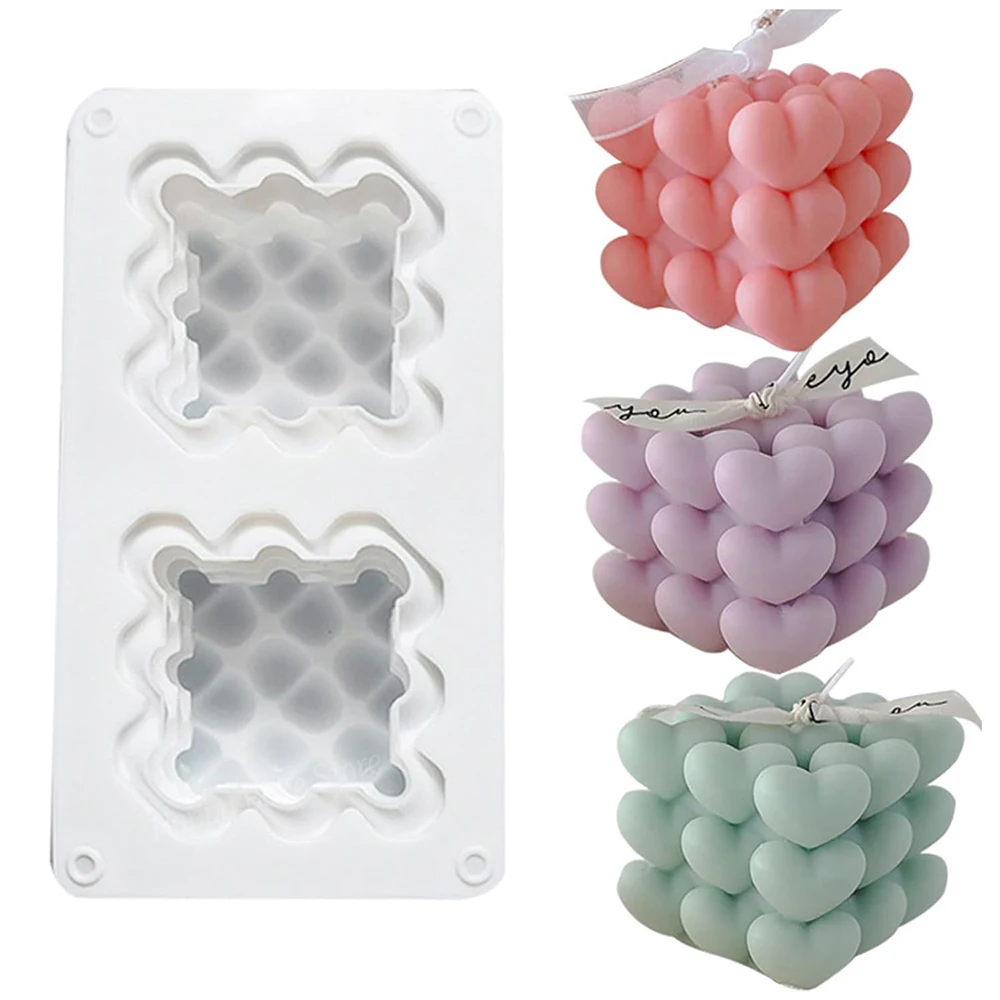 

2-Cavity Heart Bubble Cube Cake Mold Silicone Valentine Heart Candle Soap Mould Mousse Fondant Dessert Baking Decoration Tools