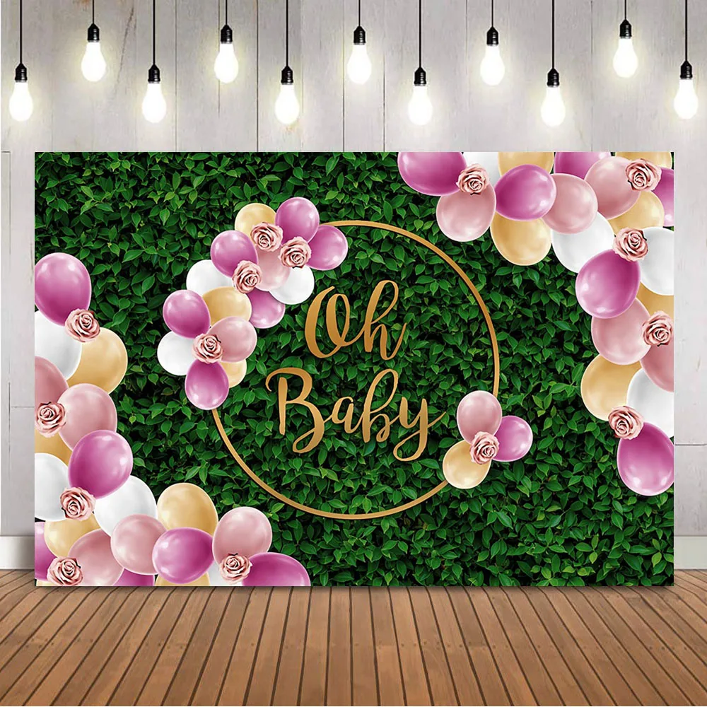 

Colorful Balloons Backdrop Oh Baby Green Leaves Background for Photo Studio Baby Shower Gender Reveal Party Decorations Props