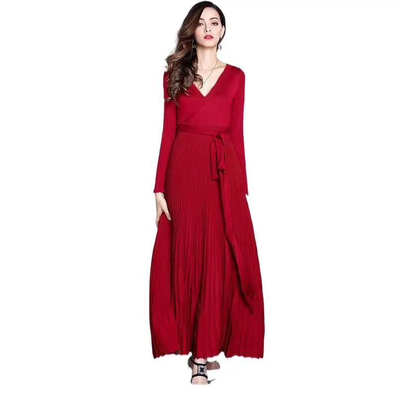 

2024 Spring Autumn Women V Neck Sexy Sweater Dress Solid Slim Long Pullover Dress Knitted Bottoming A-line Knitwear With Sashes