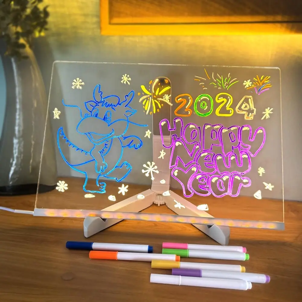 LED Note Board With Night Light Colorful 7 Pens DIY Acrylic Message Board Children‘s Drawing Board For Kids Birthday Gift