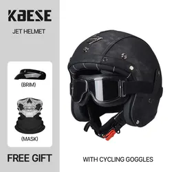 Old Black Vintage Leather Motorcycle Helmet Jet Open Face Chopper Casque Capacete Motorbike De Moto Masculino Casco Moto