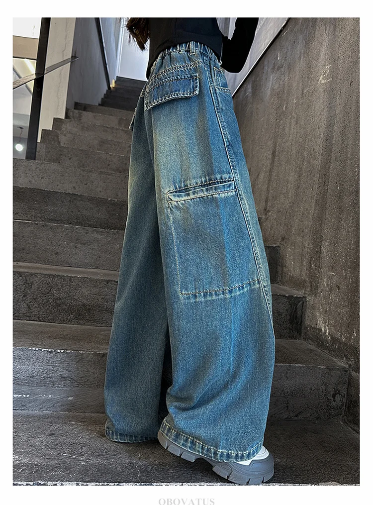 Hochwertige Kinder-Patchwork-Jeans mit Seitentaschen für Mädchen, Vintage Blaue Denim-Hose, Kinder-Cargo-Jeans mit Hoher Taille – Detail 3