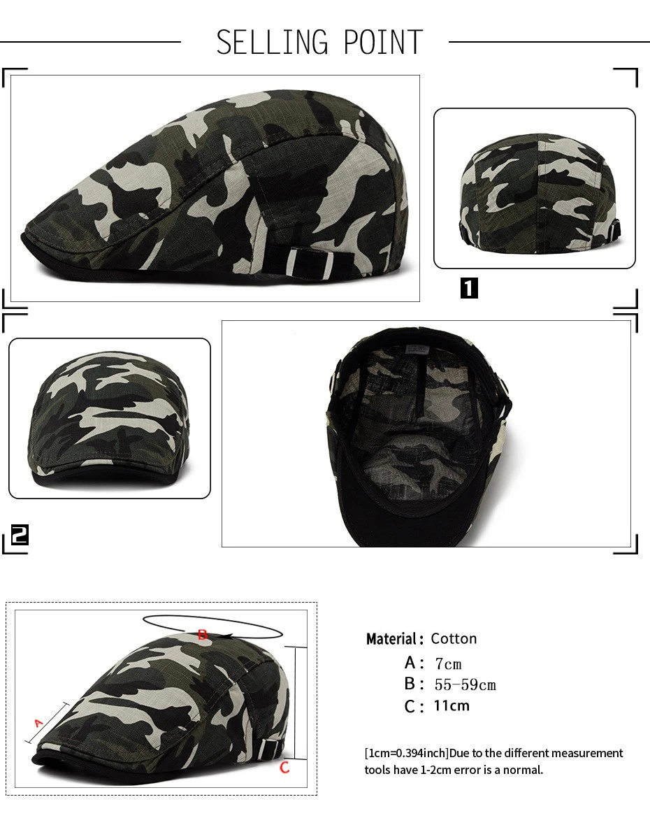 CNTANG Männer Camouflage Baskenmütze Sommer Baumwolle Leinen Sonnenkappe Dünne Atmungsaktive Visier Flache Hüte Casual Vorwärts Berets Hut Einstellbar – Detail 2