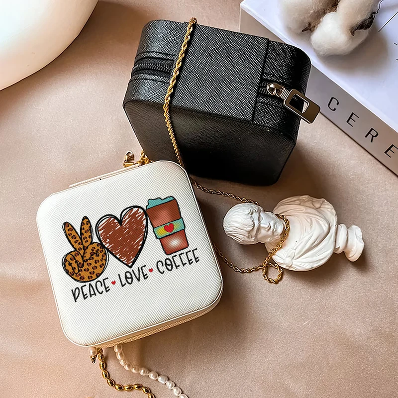 1pc PEACE LOVE COFFEE Portable Jewelry Storage Box, Simple Jewelry Organizer Box,Gifts Box For Women