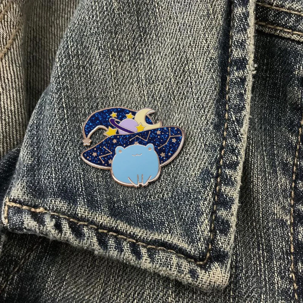 Cute Wizard Frog Enamel Pin Glitter Starry Sky Wizard Hat Brooch Backpack And Clothing Accessories Gifts For Magic Enthusiasts