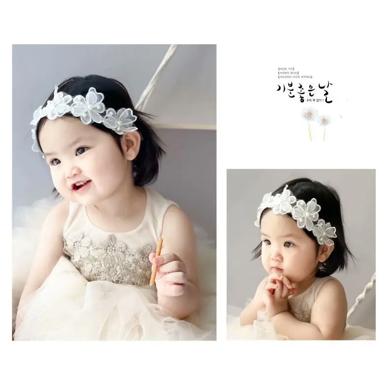 New Baby Lace Headbands Fairy Lace Flower Ribbon Pearl Baby Girl Head Band Skin-friendly Princess High Elastic Kids Headwear