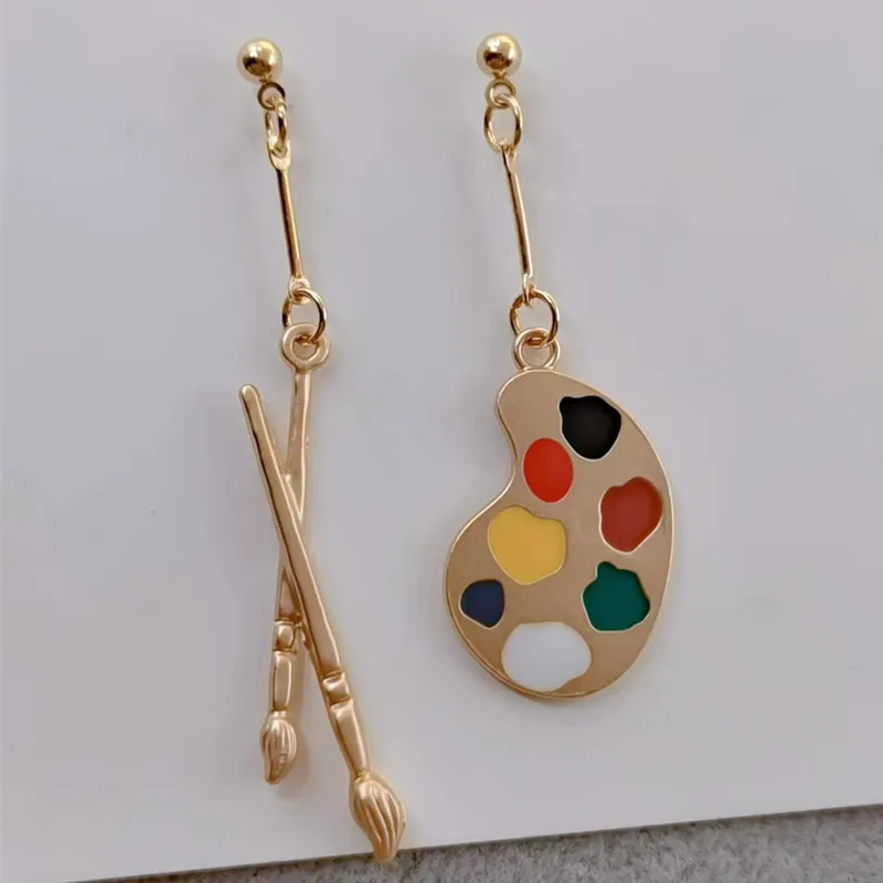 New Enamel Palette Earrings Asymmetrical Earrings Artist Brush Earrings Great Bright Artist Palette Earrings