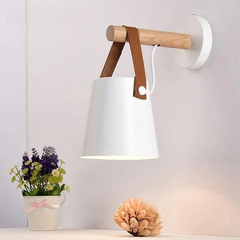 

Hot Modern Wall Lamp Wood Iron Led Sconce Bedroom Decor Lighting Bedside Study Leather Hall Aisle Corridor Reading Indoor Light