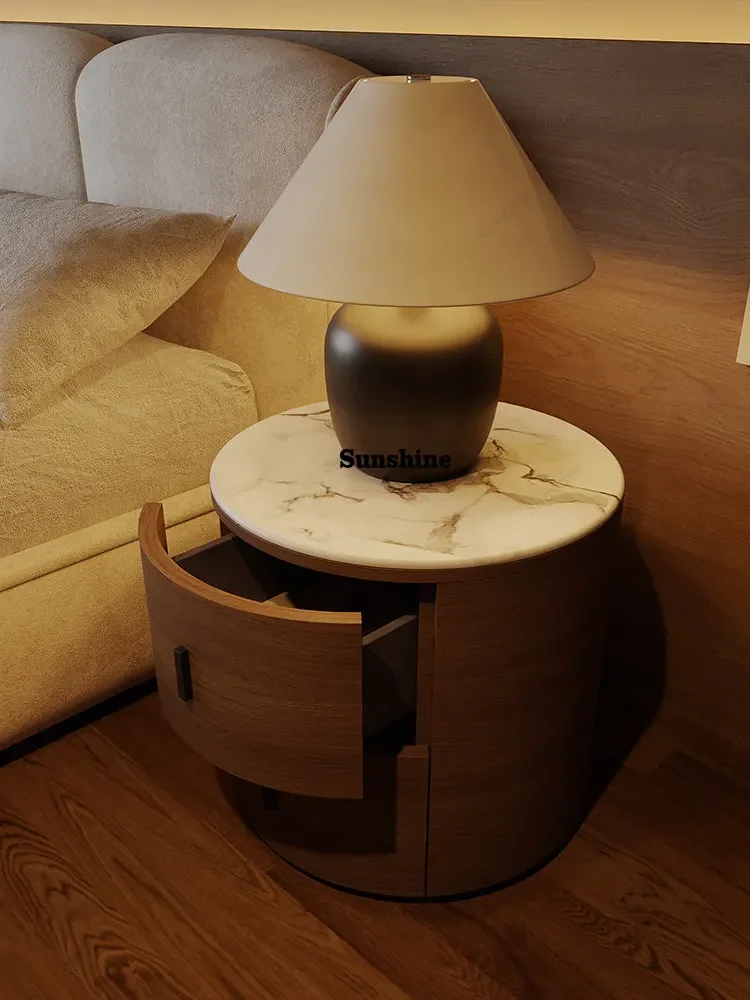 

YWalnut-colored bedside table, round master bedroom, microcrystalline wabi-sabi antique storage, high-end sense