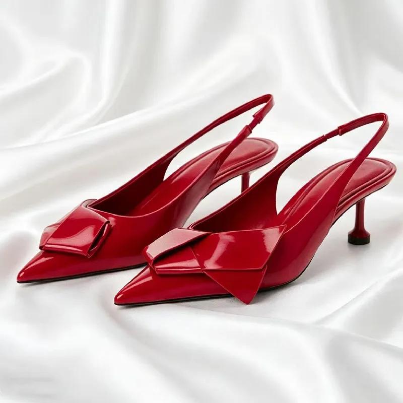 

Luxury Patent Leather Red Backless Slingback Heels for Ladies Bow Detail Summer Heeled Sandals Pointed toe Designer Bridal Pumps