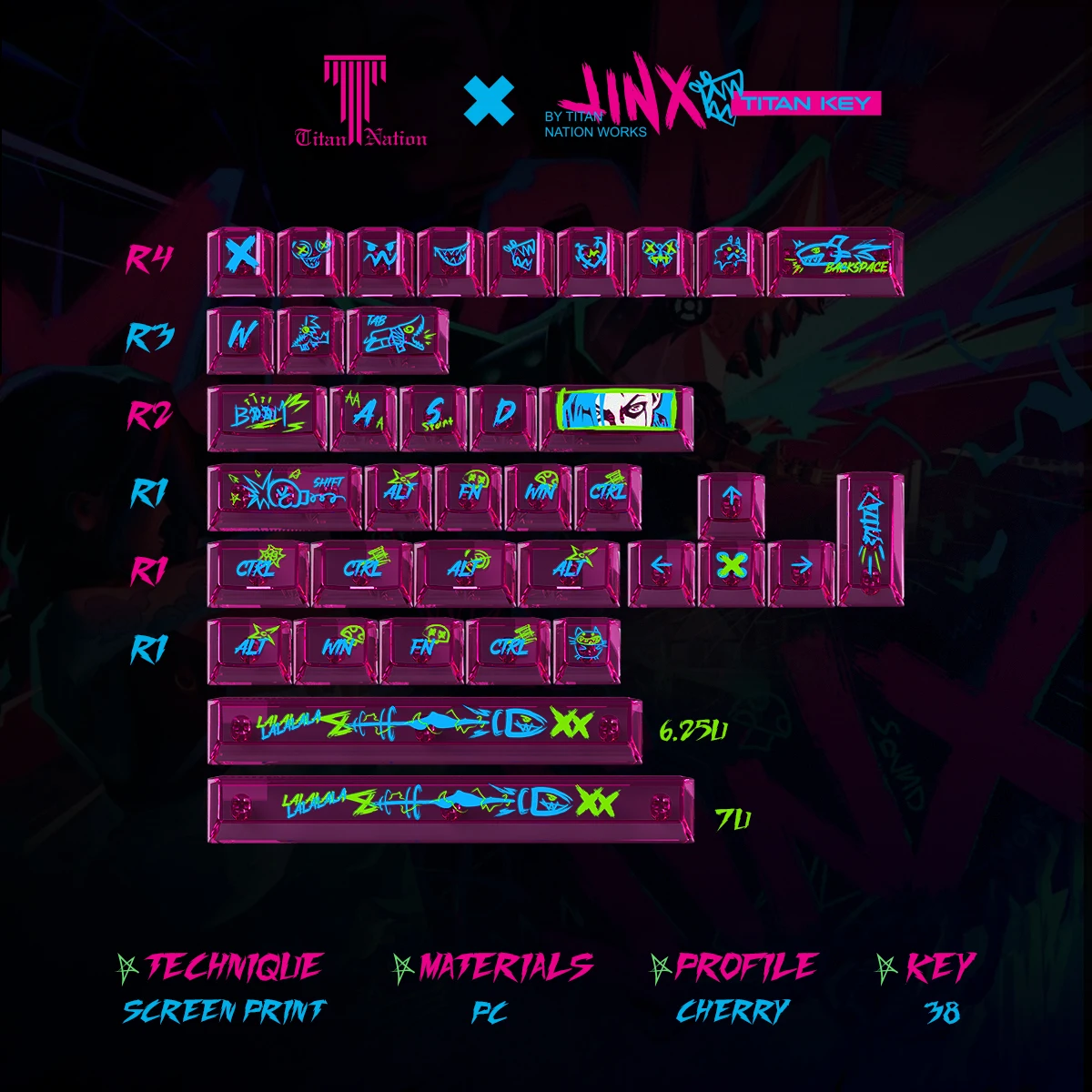 PC Jinx Keycaps Translucent  Additional Key Side Engraved Cherry Pbt Pc Twin Cities War Graffiti For Aula F75 Keyboard Keycaps