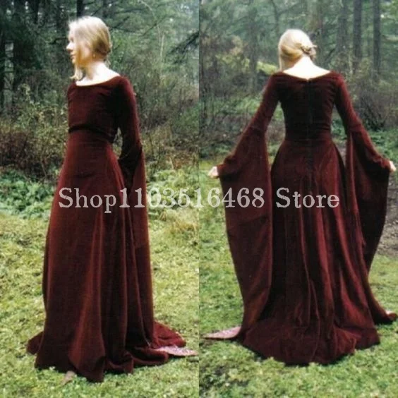 Historical Medieval Evening Wedding Velvet Fairy Long Sleeve Bailey Vintage Women\'s Masquerade Dresses gala