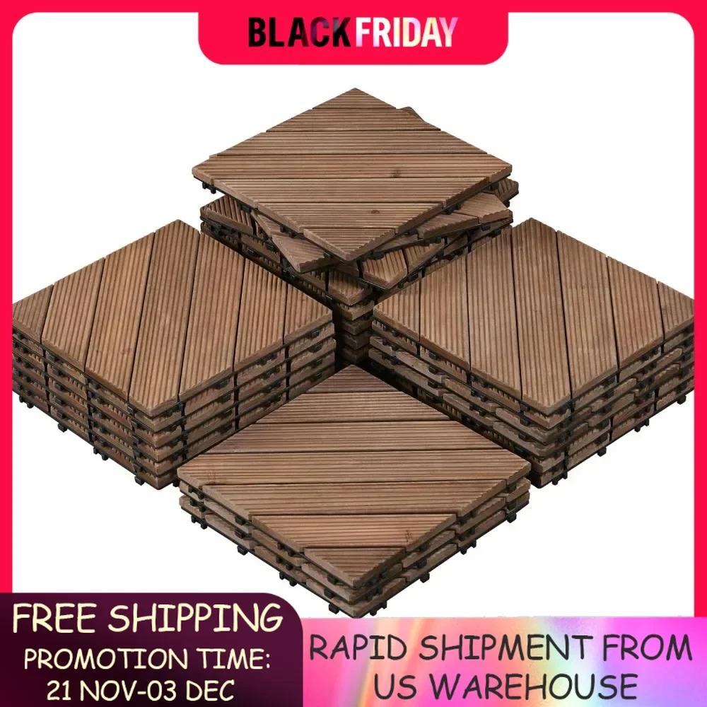 27 Pcs Fir Wood Flooring Tiles,  Easy Flooring Indoor & Outdoor for Patio Garden Deck, 12 x 12in Interlocking Wood Decking Tiles