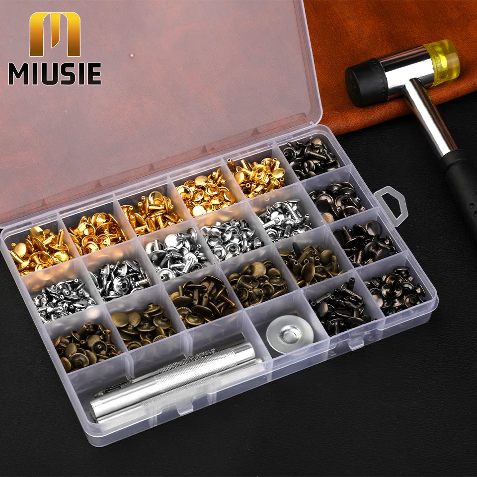 MIUSIE 240/360 Set Leather Rivets Double Cap Rivets with Rubber Hammer for DIY Leather Craft Clothes Shoes Decoration and Repair