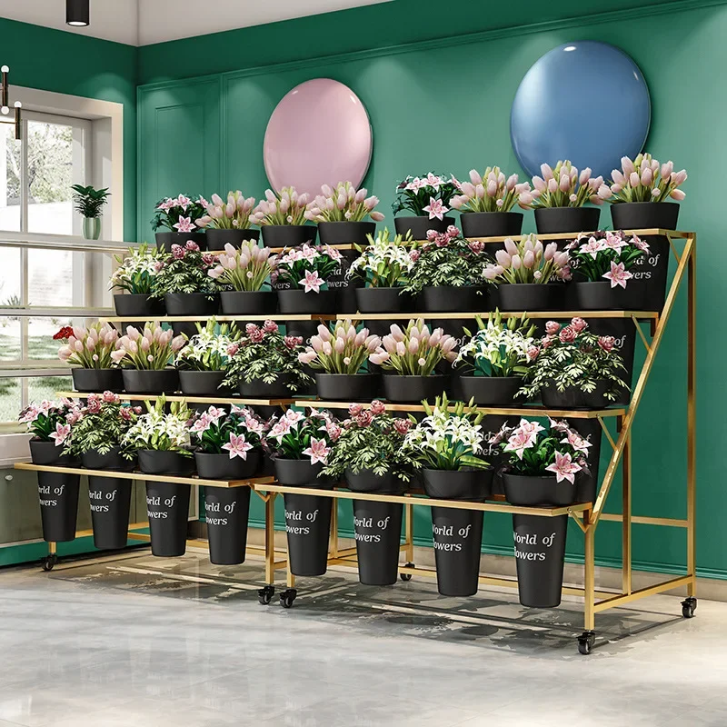 Flower Shop Display Multi Layer Ladder Flower Stand Movable Iron Flower Stand Flower Bucket Display Shelf Stand  Plant Stands