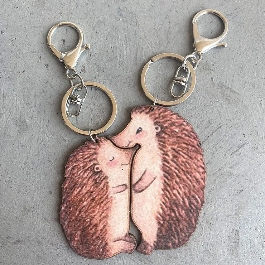 Mother's Day Gift Cute Cat Raccoon and Hedgehog Couple Keychain Friendship or Relationship matching wooden keychains set