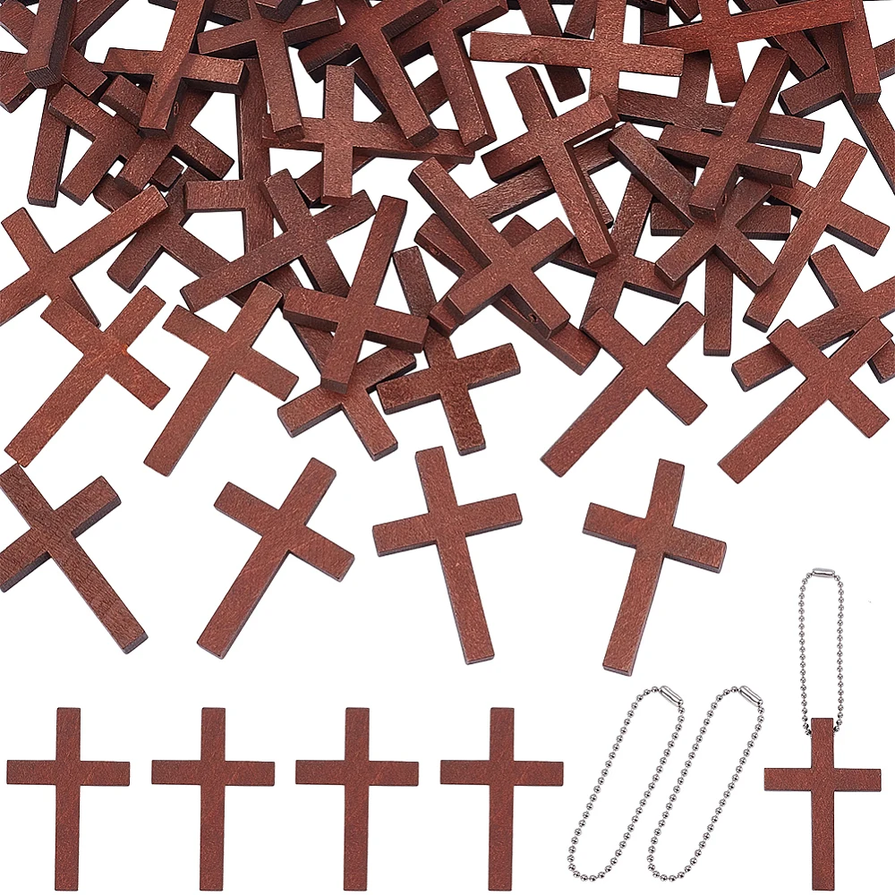 1 Box 50Pcs Wooden Pocket Cross Charms Mini Wood Crosses Bulk with 50Pcs Ball Chains Spiritual Bible Verse Gift Wooden Pendant