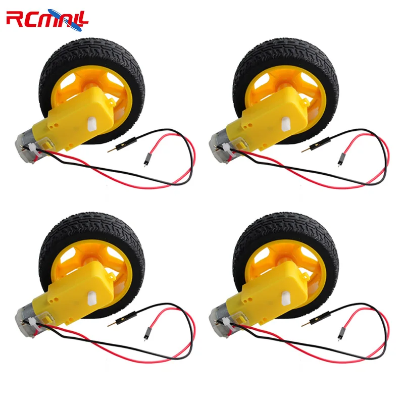 4 Sets DC Gearbox Motor TT Motor 200RPM with Tire Wheel DC 3-6V for Arduino Smart Car 1:48 Male Connector