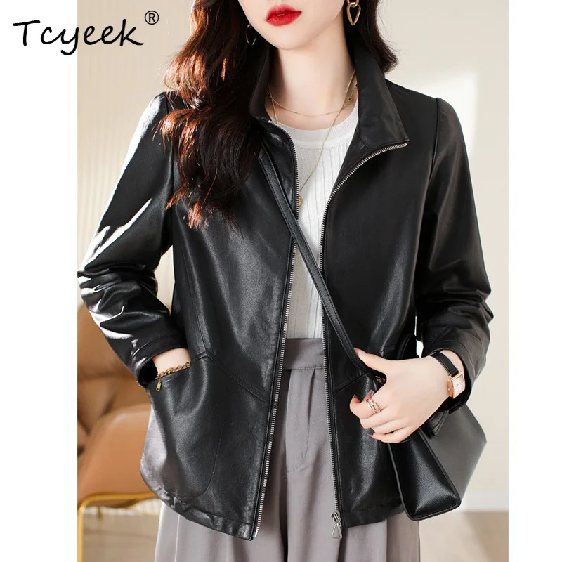 Tcyeek véritable peau De mouton printemps automne à la mode noir col montant femmes veste en cuir véritable Jaqueta De Couro légítimo Feminina
