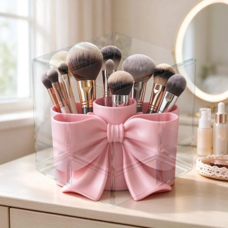 Cute Pink Bow Makeup Brush Holder Large Capacity Multi Slots Perfect For Vanity Desk Bathroom Storage