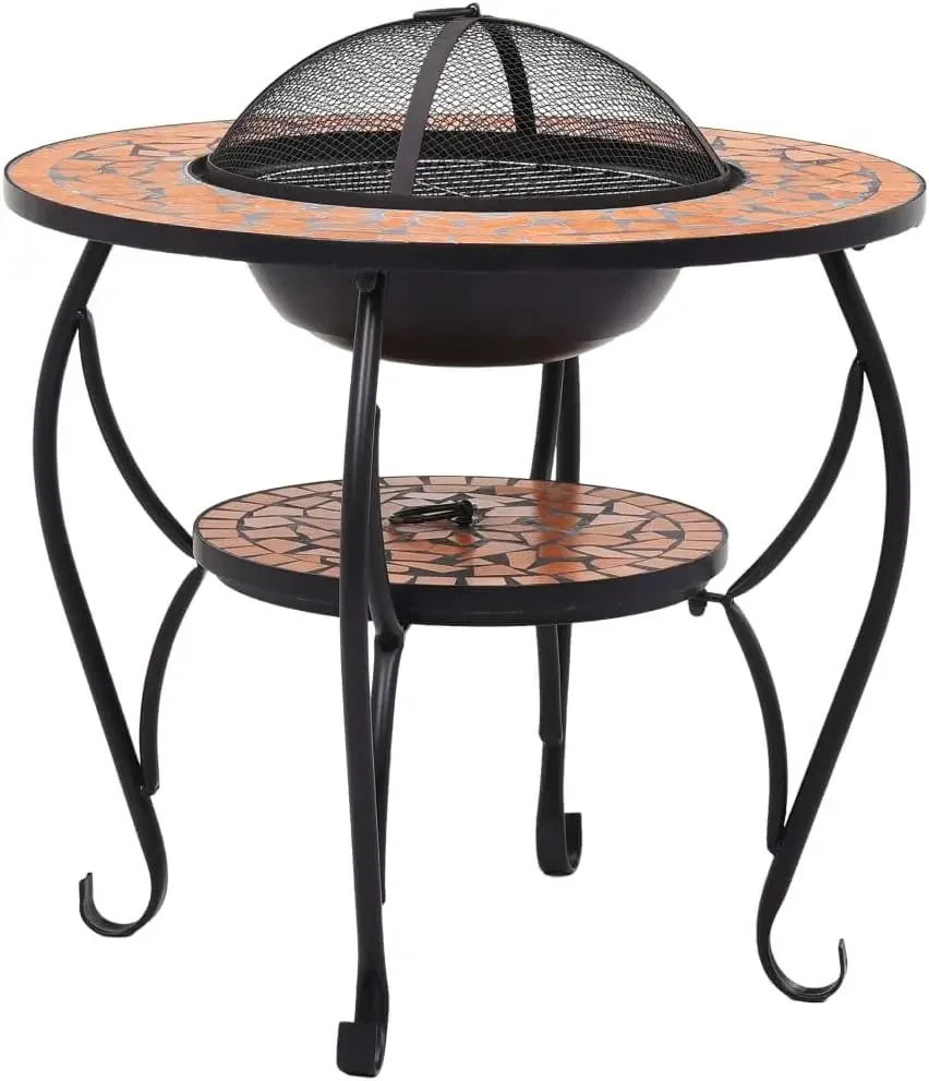 26.8 Inch Mosaic Fire Pit Table, Terracotta Ceramic Outdoor Wood Burning Firepit with Mesh Cover, Spark Screen and Poker for Pat