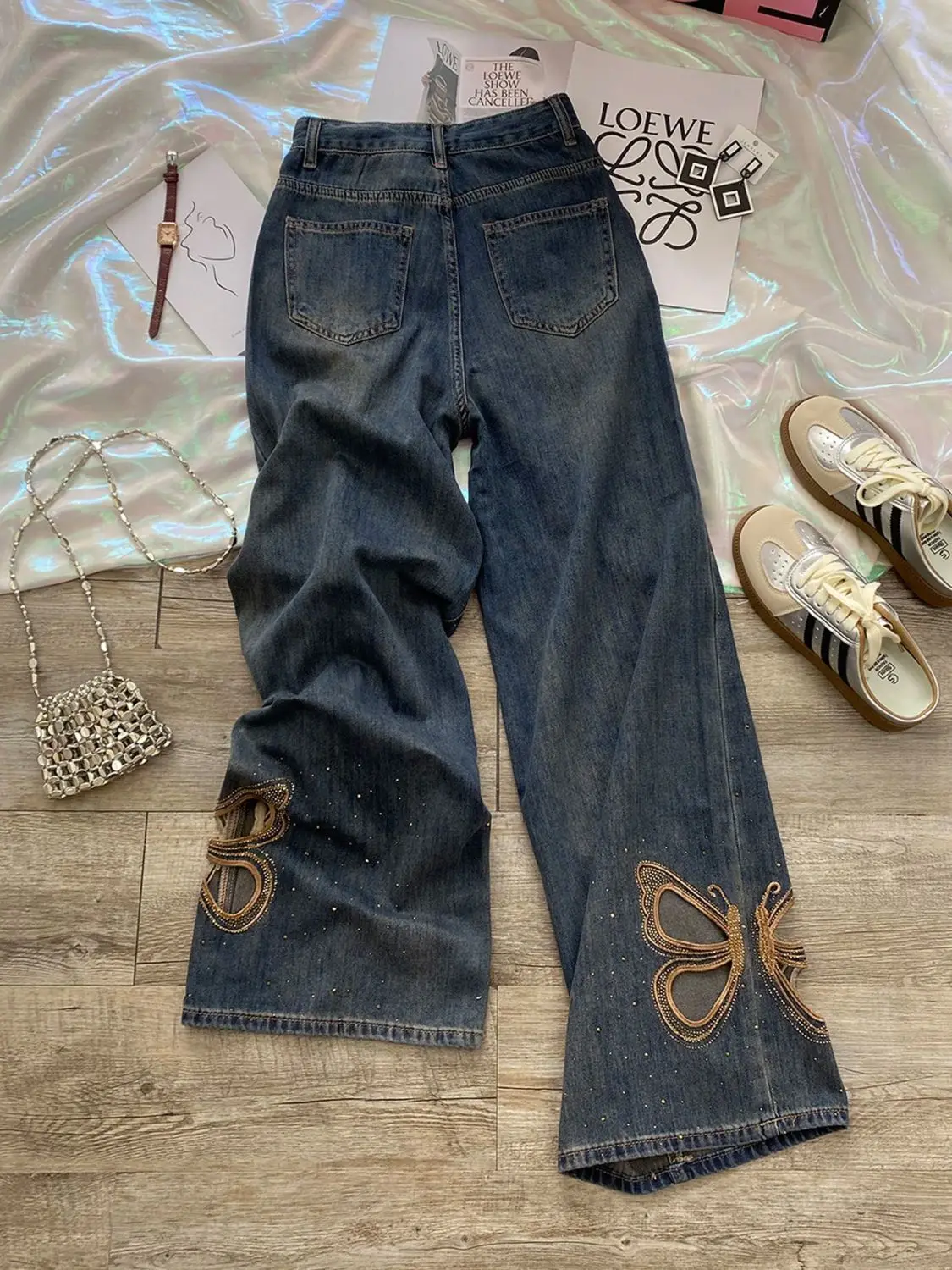 Butterfly Rhinestone Jeans Women Y2K Summer High Waist Wide Leg Straight Pants Distressed Hollow Out Loose Fit Denim Trousers