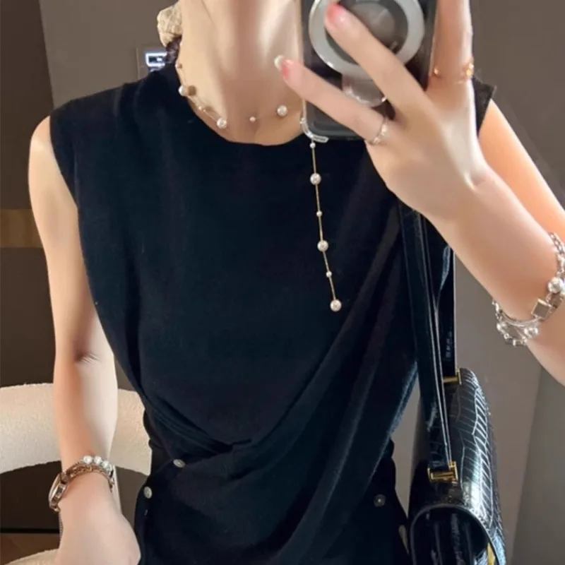 Camiseta estética sin mangas de verano para mujer, chaleco tejido de seda de hielo ligero, diseño Irregular único para prendas de vestir exteriores informales