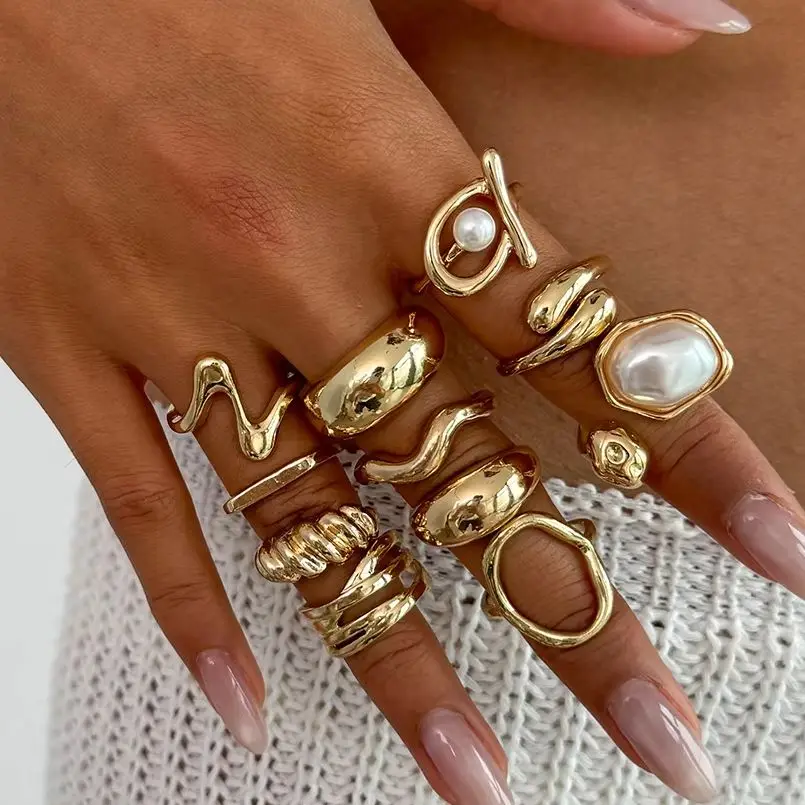 Ingemark 11 قطعة/المجموعة خمر تقليد خواتم اللؤلؤ للنساء 2026 جديد عصري غير النظامية المعادن المفصل خواتم مجموعة زوجين مجوهرات هدية #3
