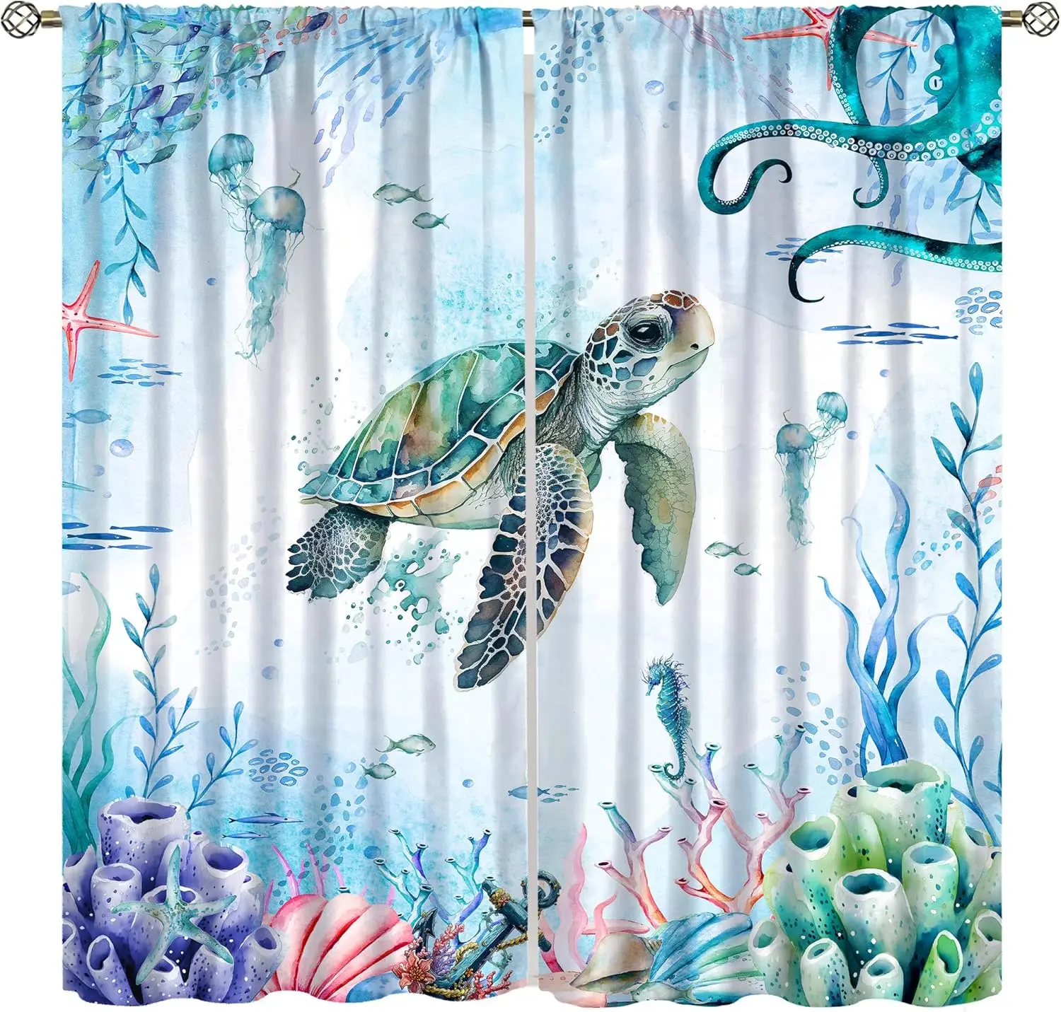 Turtle Ocean Curtains, Watercolor Cartoon Sea Animals Octopus Coral Shell Seahorse Jellyfish Window Treatments Drapes for Kids