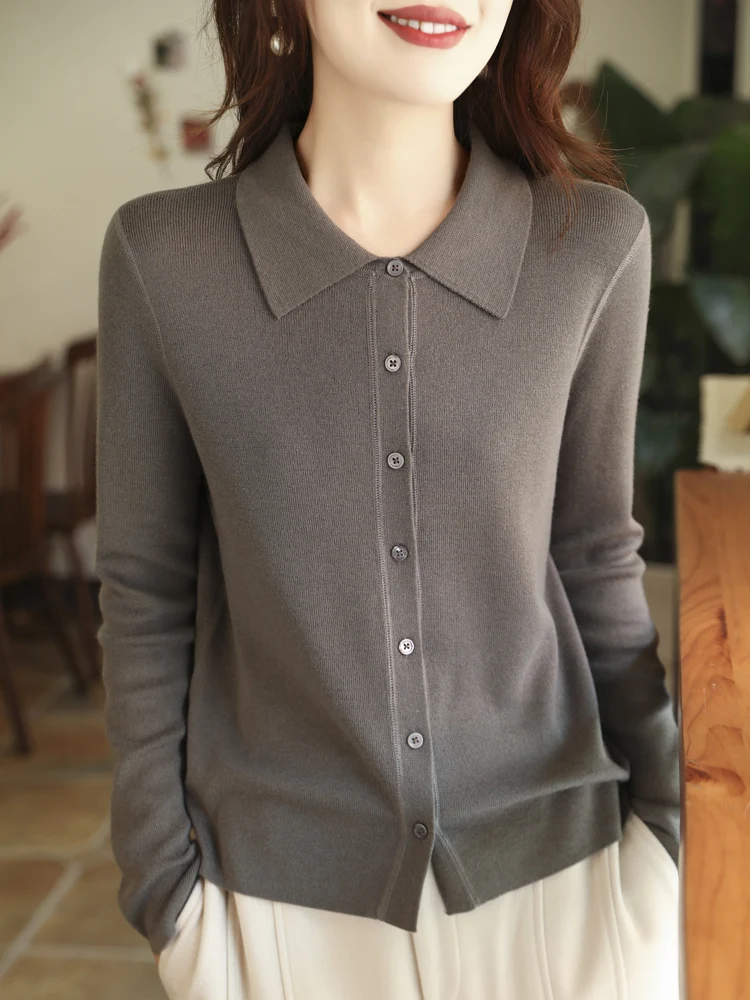 Women's Lapel Polo Collar Cardigan, Long Sleeve Knit Top, Single Breasted Sweater, Elegant Casual Blouses, Fall, Winter