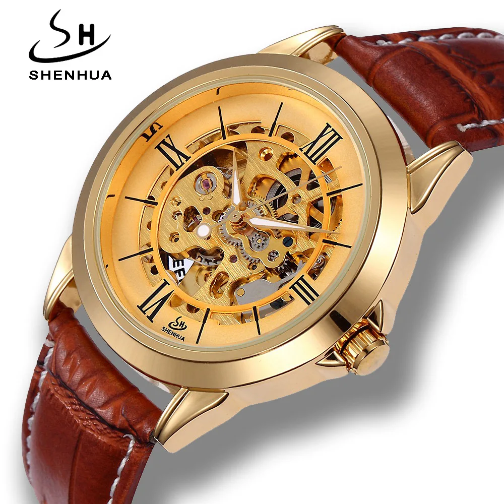 SHENHUA Transparent Golden Case Casual Design Brown Leather Strap Mens Watches Brand Luxury Skeleton Automatic Mechanical Watch