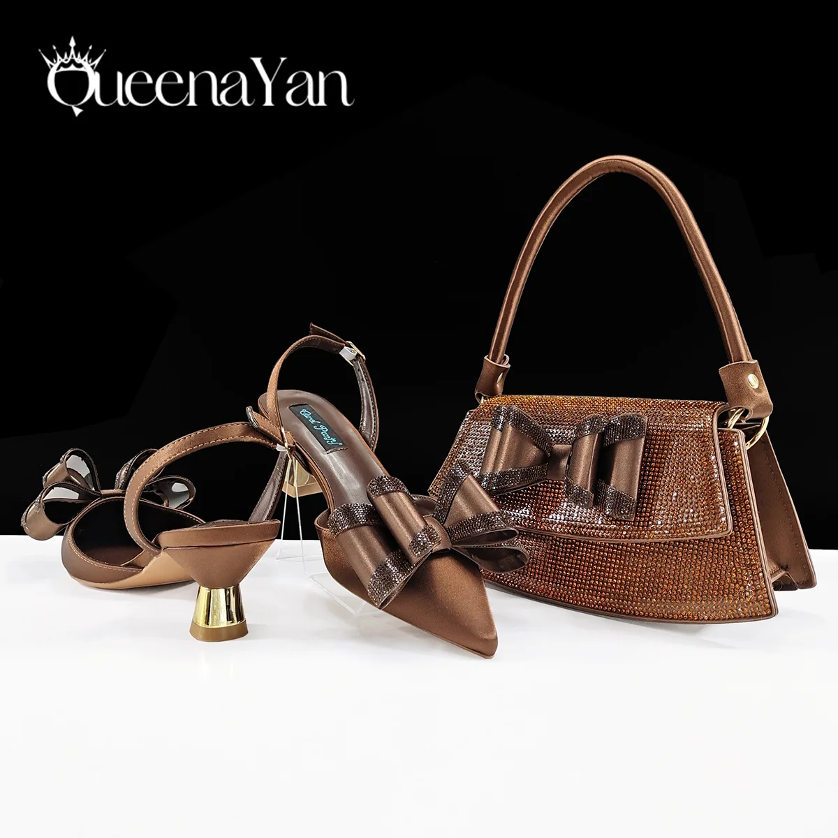 

Queena Yan Hot Selling Fashion Mature Coffee Color Butter-fly Design Pointed Toe High Heel Party Wedding Lady Shoes and Bag Set