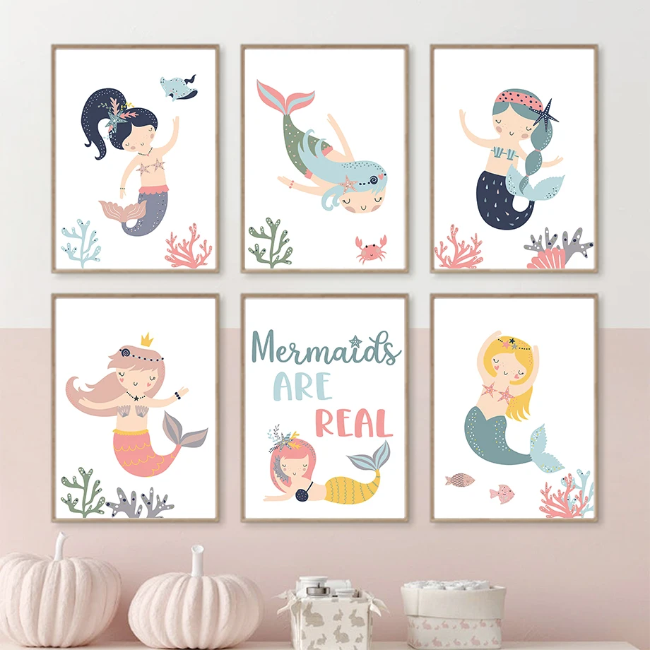 Mermaid Girls Coral Fish Growth Quotes Wall Art Minimalist Aesthetics Print Canvas Painting for Living Room Modern Home Decor