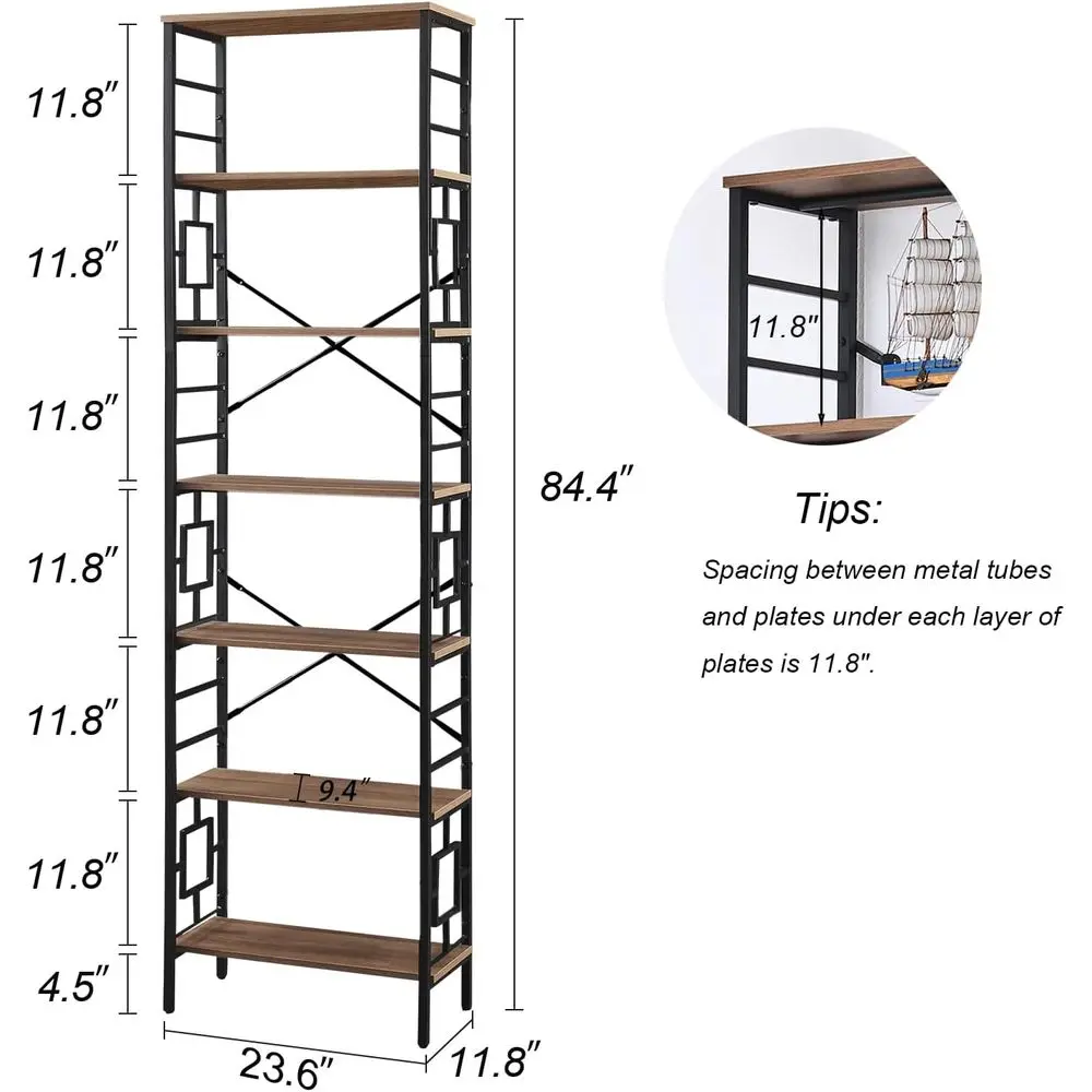 Industrial 84 Metal Frame Bookshelf, 7-Tier Open Shelves, Rustic Brown for Home & Office