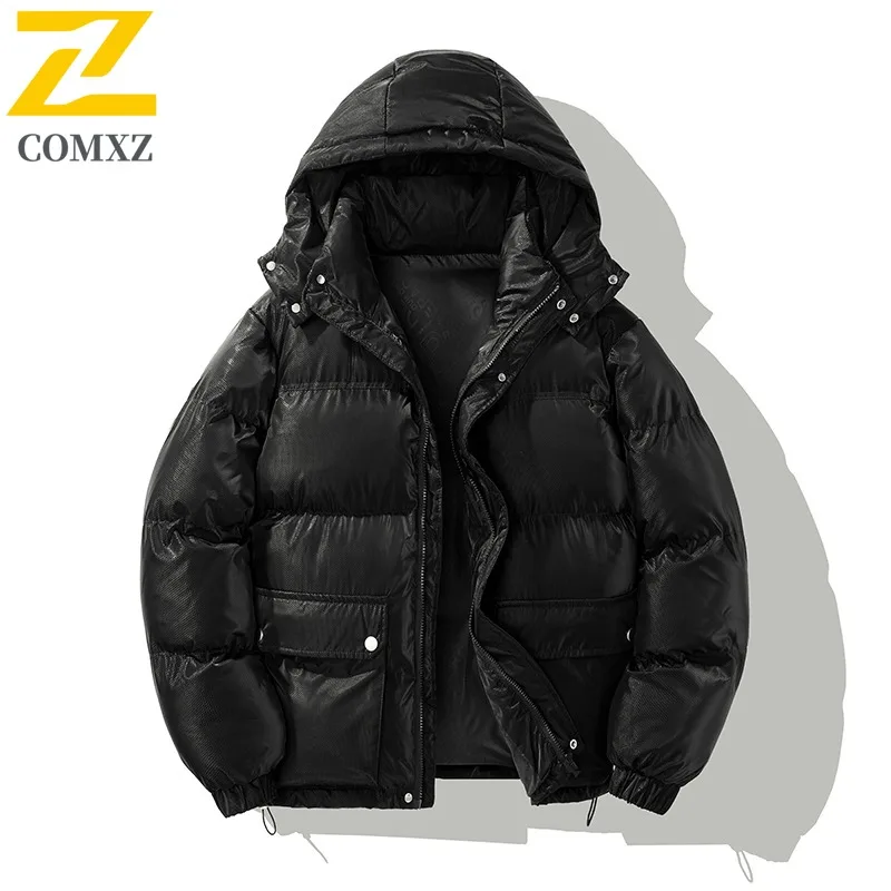 COMXZ 2025 Autumn Winter New Cotton Coat Men Winter Hooded Camping Windproof Outerwear Color Block Trendy Korean Style Jacket