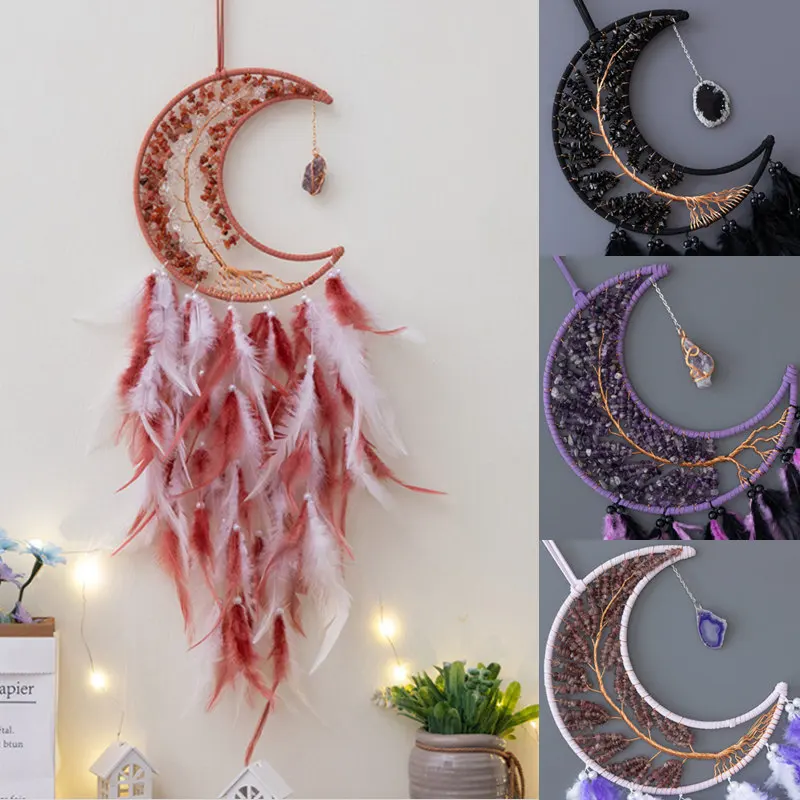 

Natural Stone Gravel Dream Catcher Hanging Room Decor Big Tree of Life Gemstone Amethyst Obsidian Moon Ornament Home Unique Gift