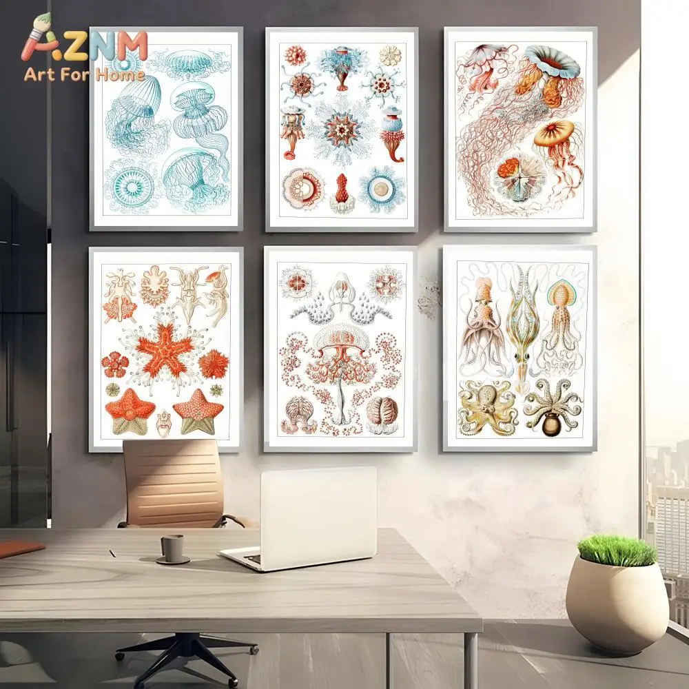 AZNM Unframed Canvas Print Vintage Marine Biology Wall Art Jellyfish Octopus Ocean Home Decor Poster