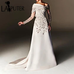 Heavy Satin Evening Dresses Unique Cape Sleeves Neck Beaded Flowers Elegant Formal Dress Long Sleeves Cape Train Celebrity Dress