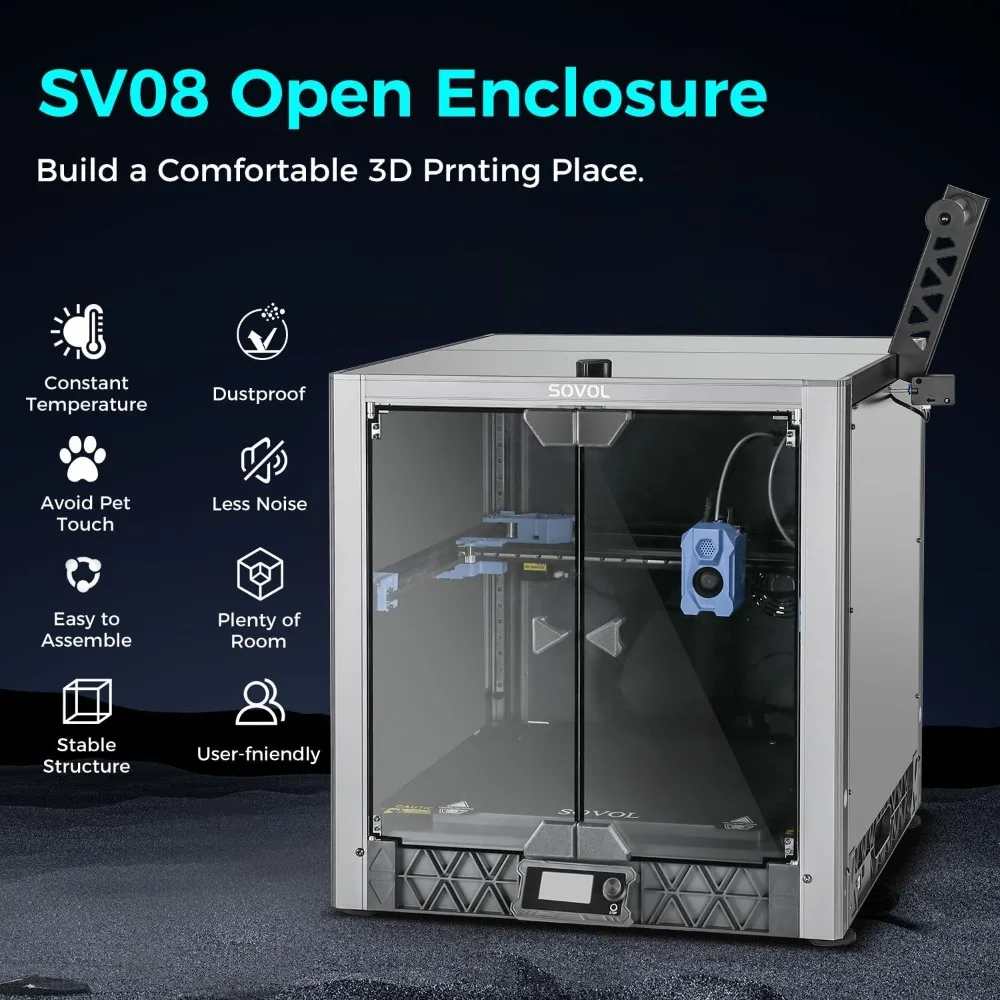 Metal and Tempered Glass Open Enclosure with Drag Chain and Fan for SV08