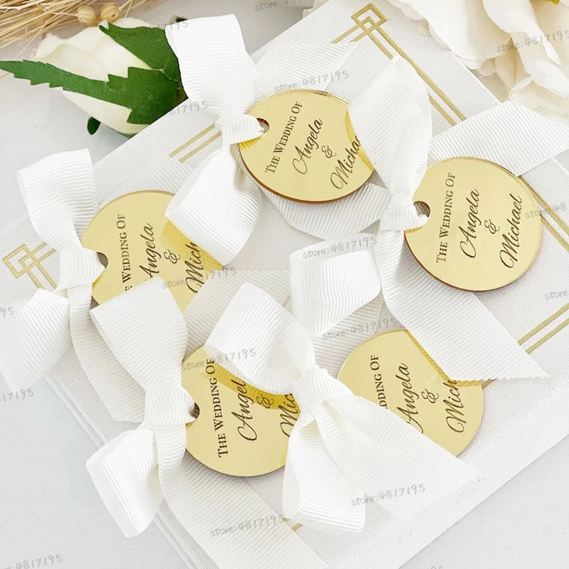 20/50/100 sztuk spersonalizowane grawerowane akrylowe koło dekoracja stołu weselnego sprzyja pudełko cukierków tagi Baby Shower chrzest przywieszki do prezentów