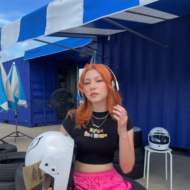 Letter Printed Women Crop Top Short Sleeve Skinny Sweatshirts 2023 Summer Fitness Basic Top Y2K Clothing Harajuku Gothic T Shirt