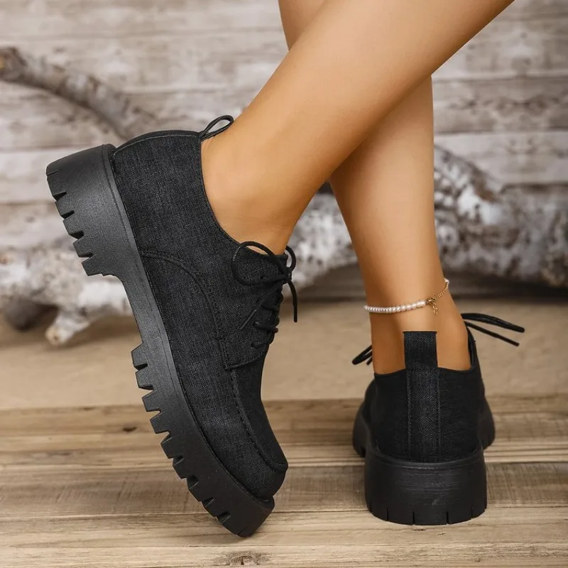 الخريف أزياء زائد حجم المتسكعون النساء مكتنزة منصة الدانتيل متابعة عارضة الأحذية النمط البريطاني مريحة الانزلاق على الأحذية المسطحة #5