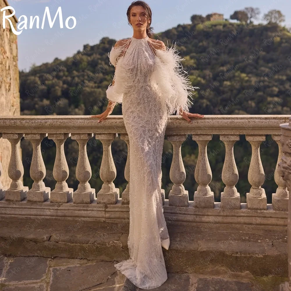 

Ranmo Exquisite Halter Wedding Dress Beaded Lace Feather Mermaid Wedding Dress New Bridal Gown Vestido de novia Customsied 2025