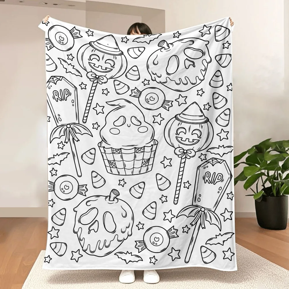 1PC Halloween portable blanket with spooky prints-doodle your own colors. Great for travel, camping, living rooms, offices, sofa
